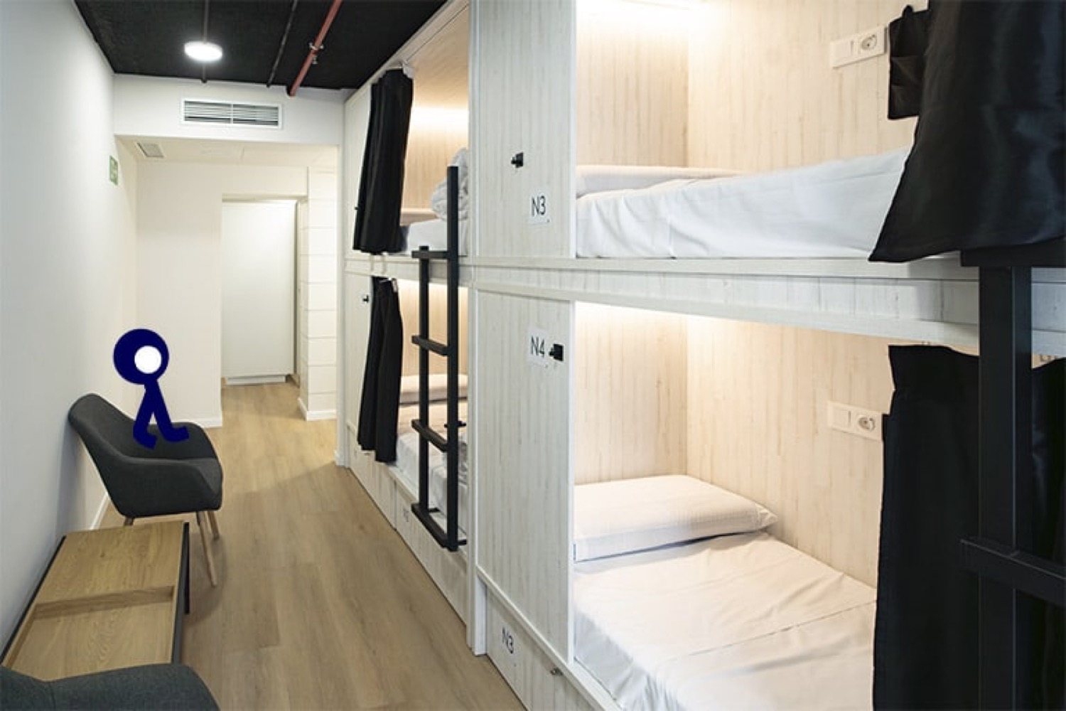 Four-bed shared room with two bunk beds