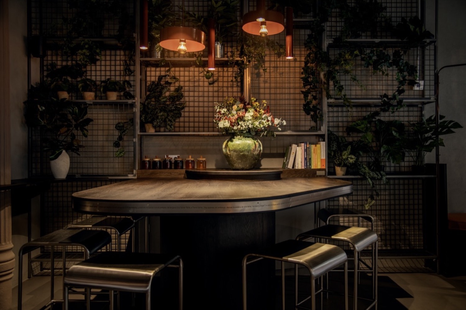 Barra alta con taburetes y estanterías con plantas