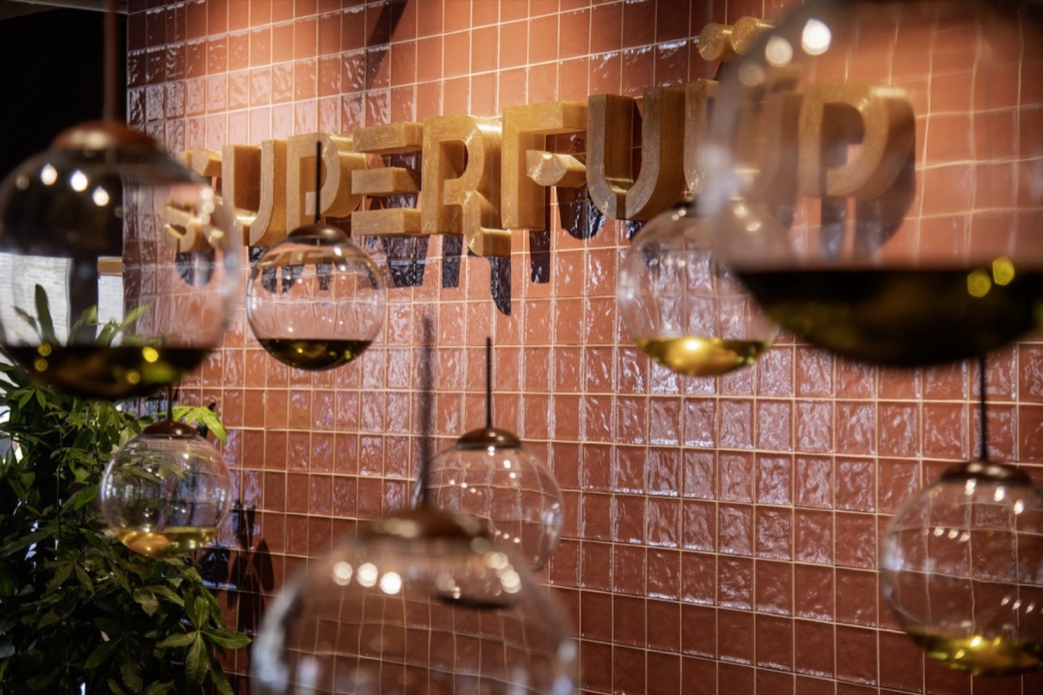 Golden Superfuüd sign on a terracotta tiled wall