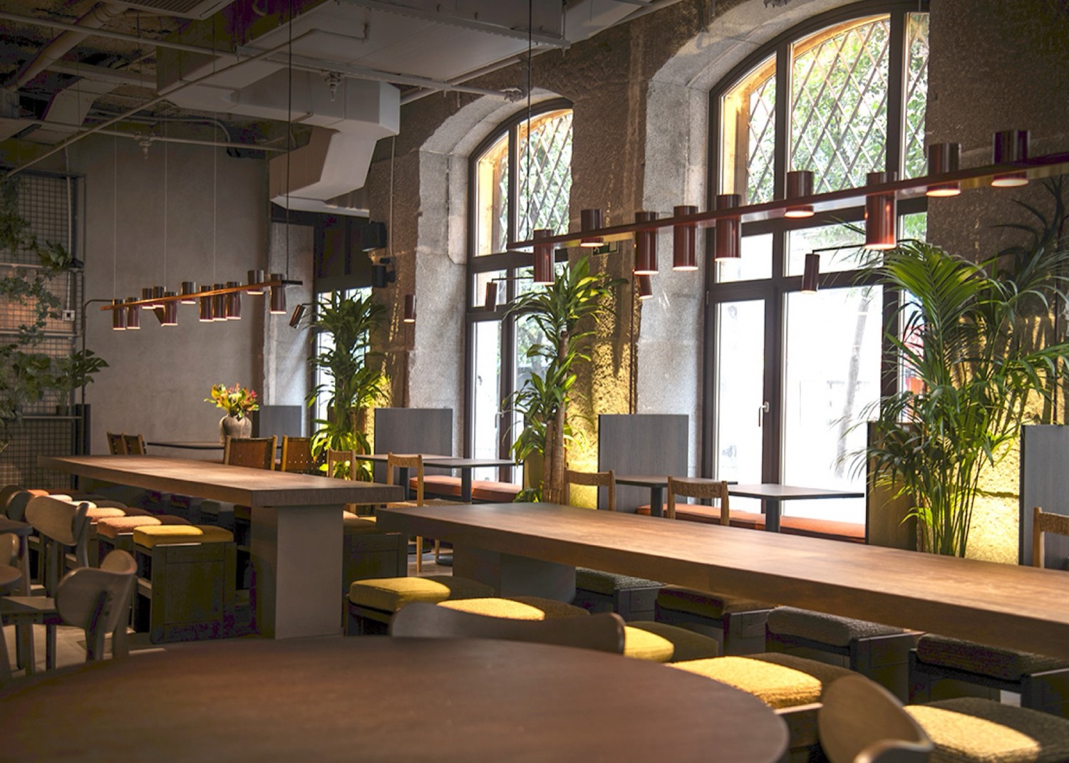 Superfuüd Pez dining room with long wooden tables and warm light