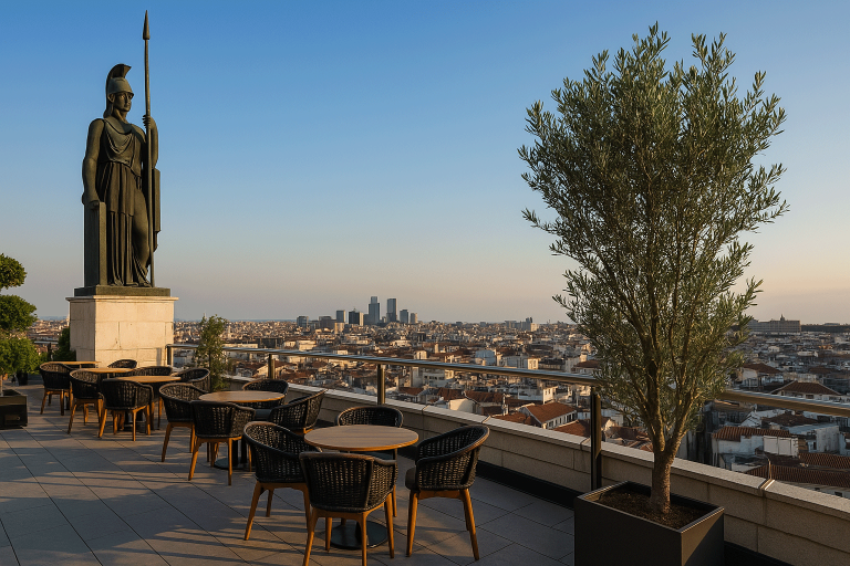 Vista de la azotea del Círculo de Bellas Artes en Madrid con mesas vacías al atardecer y panorámica de la ciudad.