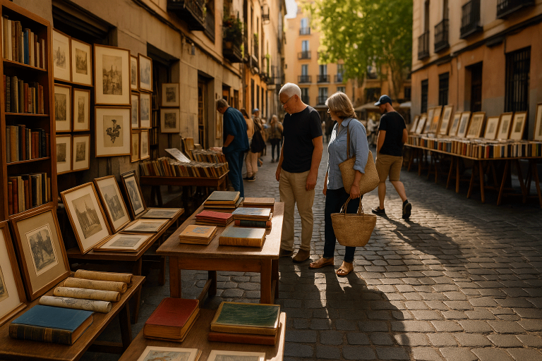 Puesto de libros antiguos y grabados en El Rastro de Madrid, con varias personas curioseando bajo la luz del sol.