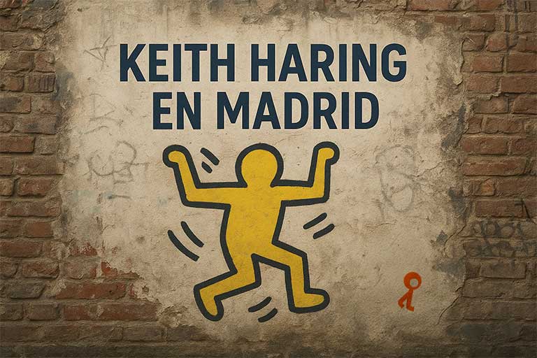 Mural urbano con figura amarilla estilo Keith Haring y el texto “KEITH HARING EN MADRID”.