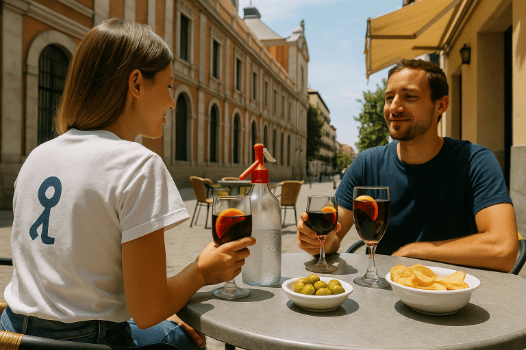 Dos personas tomando vermut con sifón en una terraza de Madrid, con tapas típicas sobre la mesa.