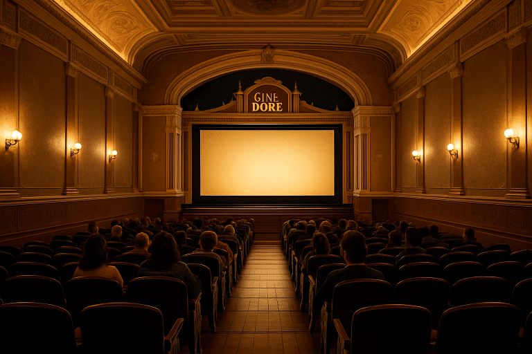Sala del Cine Doré con personas sentadas viendo la pantalla iluminada, en un entorno clásico.