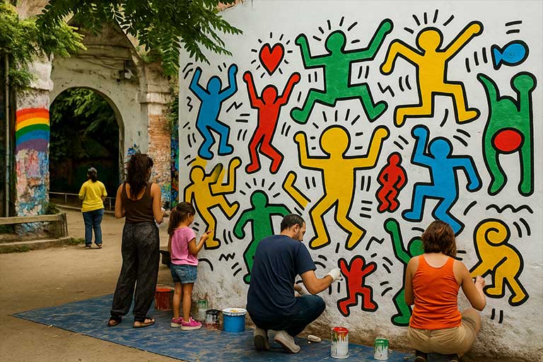 Mural underground estilo Haring en un túnel con graffitis y luz tenue.