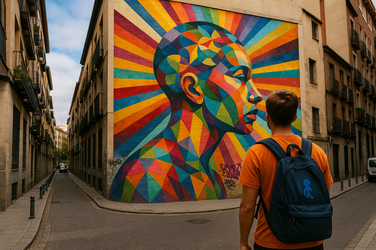 Persona mirando un mural colorido de un rostro geométrico en una calle de Lavapiés, Madrid.