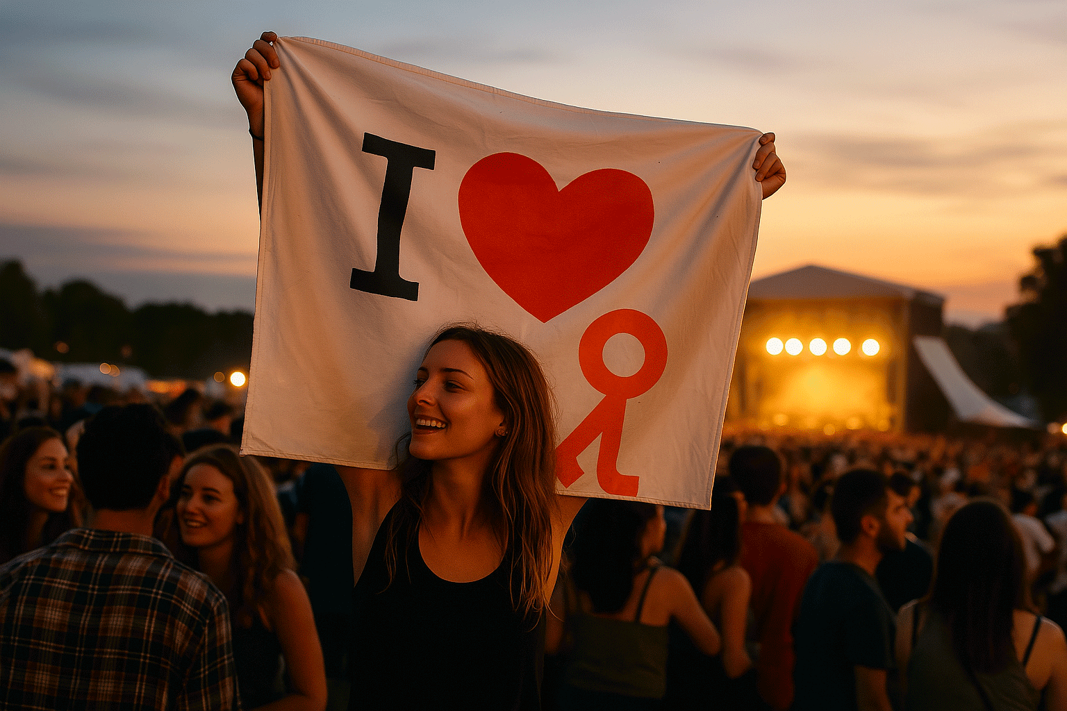 Chica sostiene pancarta con logo de Adventure Hostel en un festival