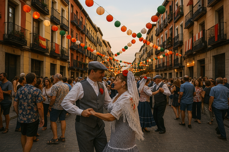 Pareja vestida de chulapos bailando en la Verbena de La Paloma, con farolillos y ambiente festivo en las calles de Madrid.