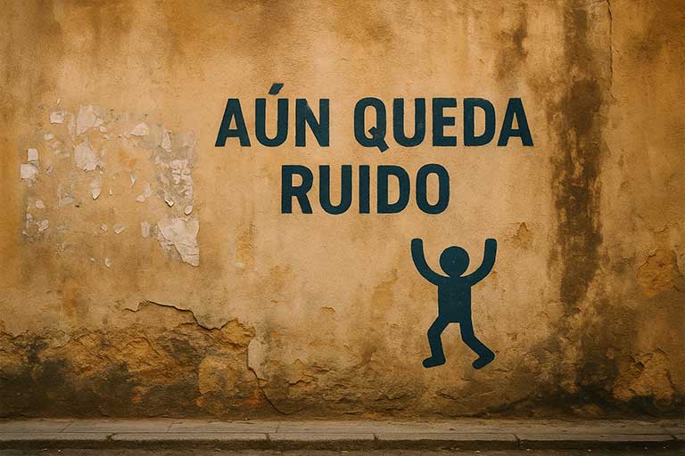 Pintada callejera con el mensaje “Aún queda ruido” y figura estilo Haring.