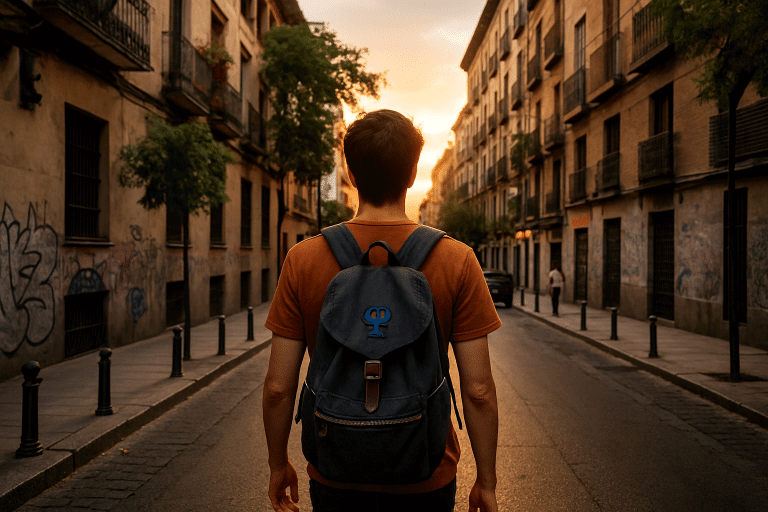 Persona caminando por una calle de Madrid al atardecer, con mochila y luz dorada de fondo.