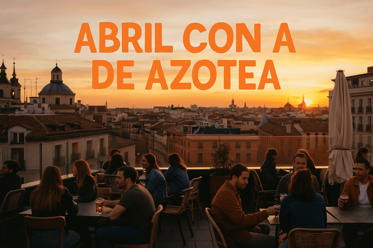Personas tomando algo en una azotea de Madrid al atardecer con vistas al skyline de la ciudad.