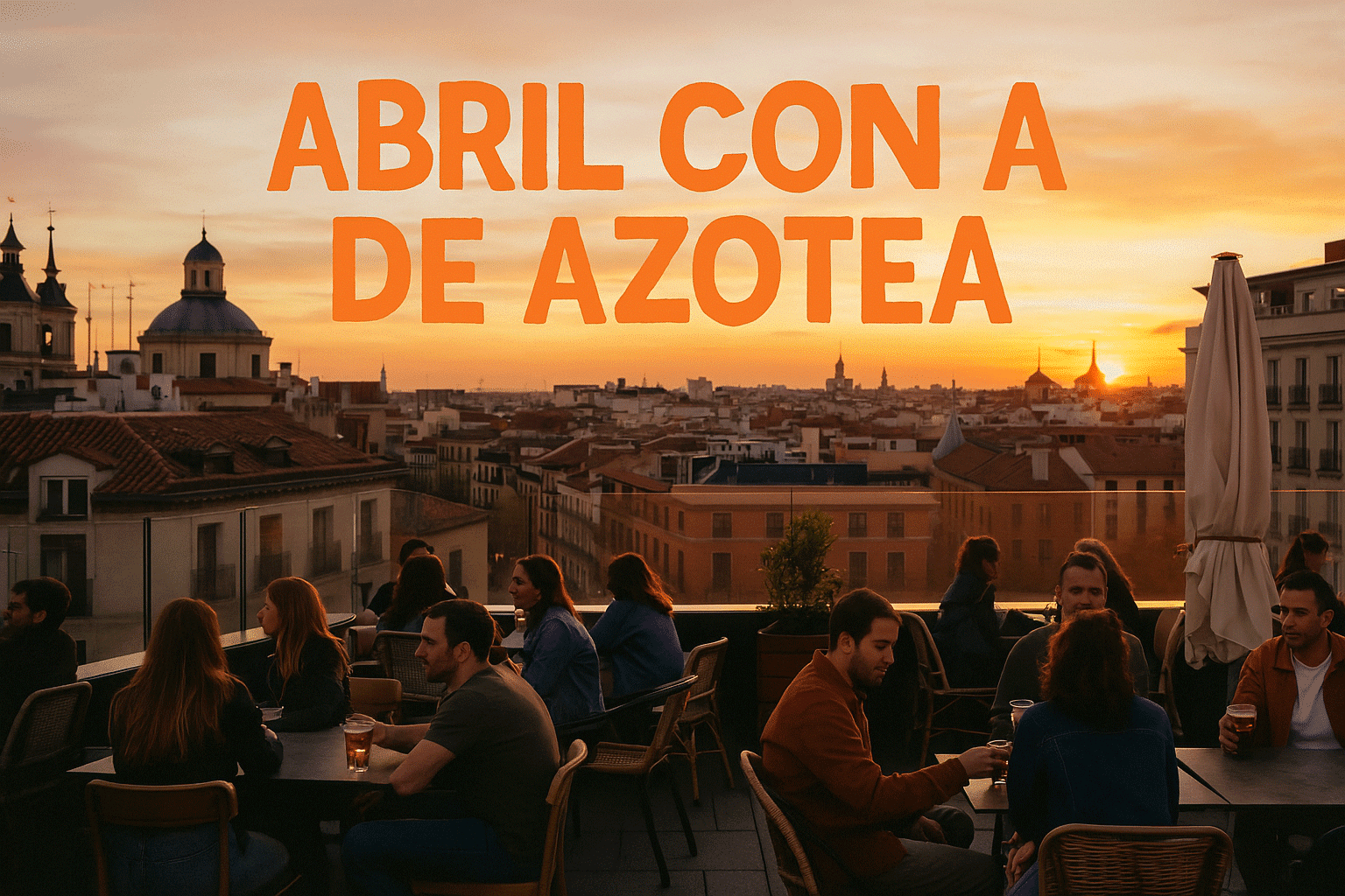 Personas tomando algo en una azotea de Madrid al atardecer con vistas al skyline de la ciudad.
