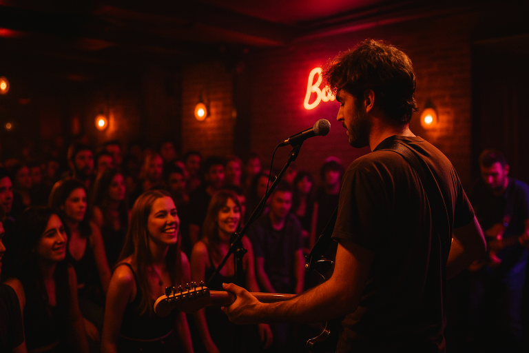 Concierto íntimo en sala pequeña con público entregado y luces cálidas.