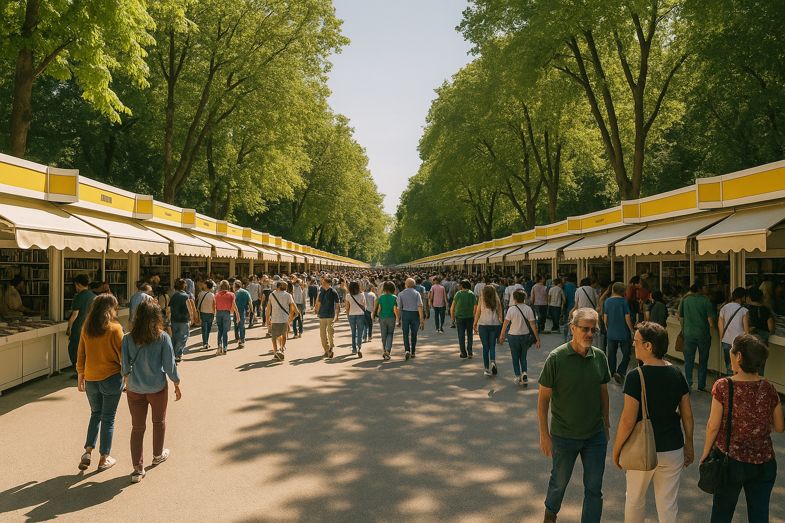 Vista panorámica del Paseo de Coches del Retiro con casetas y visitantes.