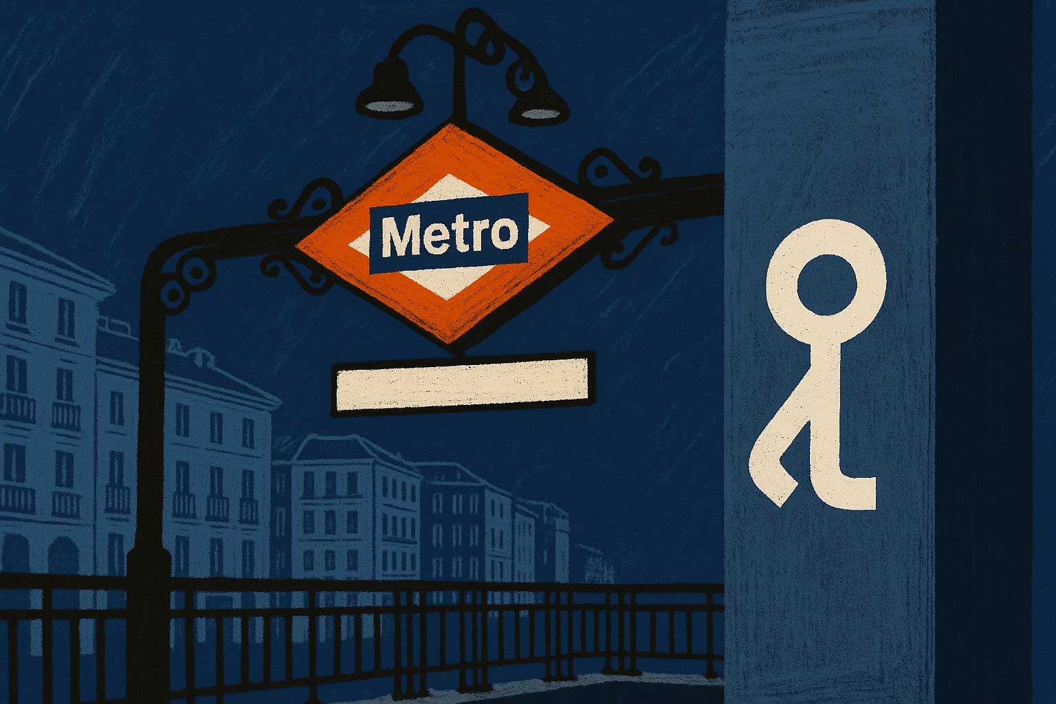 Ilustración del letrero del metro con el isotipo de Adventure Hostel Madrid.
