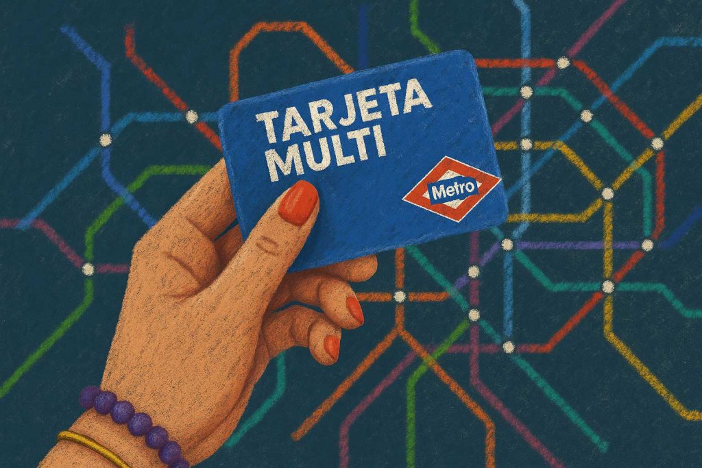 Ilustración de una mano sosteniendo la Tarjeta Multi del Metro de Madrid frente al plano de líneas.