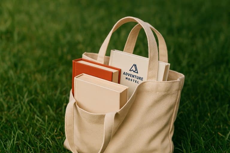 Tote bag con libros asomando sobre el césped. En uno de ellos se integra el isotipo de Adventure Hostel Madrid.