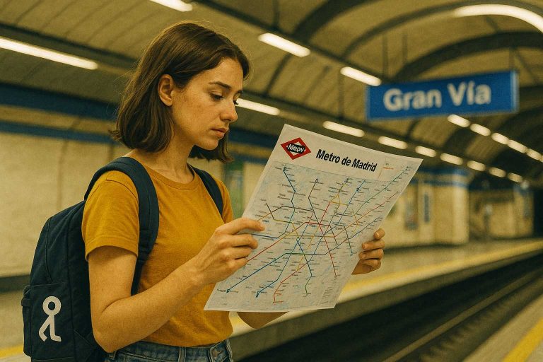 Joven consultando el plano del Metro de Madrid en el andén de la estación de Gran Vía.