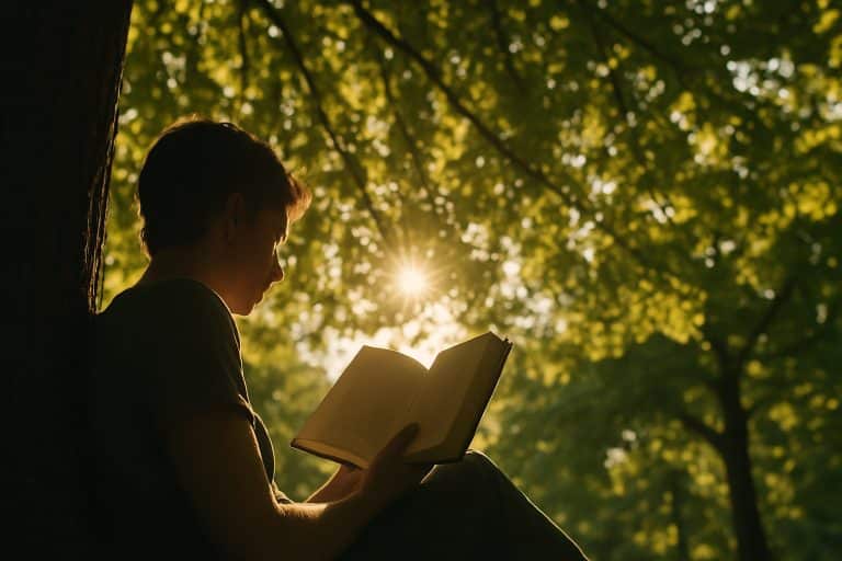 Persona leyendo bajo un árbol con la luz del sol filtrándose entre las hojas.