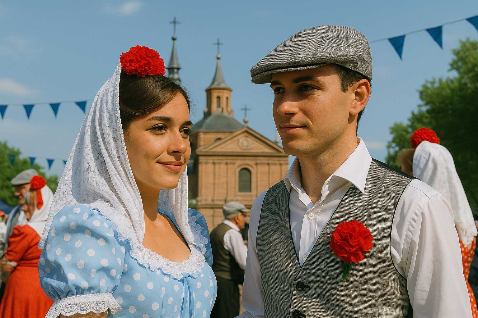 Primer plano de una pareja con traje tradicional madrileño durante las fiestas de San Isidro.