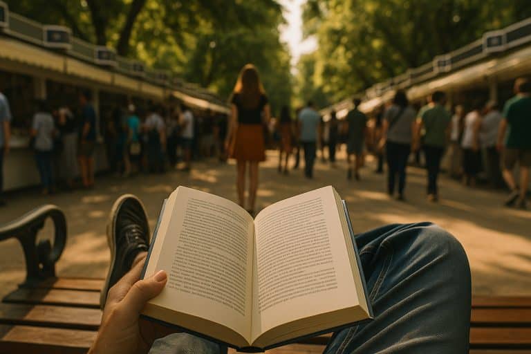 Persona sentada en un banco con un libro abierto entre las piernas, mirando las casetas de la Feria del Libro de Madrid.