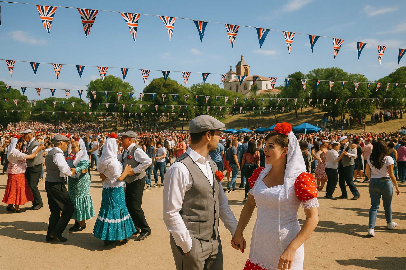 Pareja de chulapos bailando en las fiestas de San Isidro con la ermita al fondo y banderines decorativos.