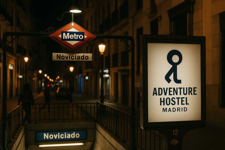 Ilustración nocturna de una estación de metro con cartel Adventure.
