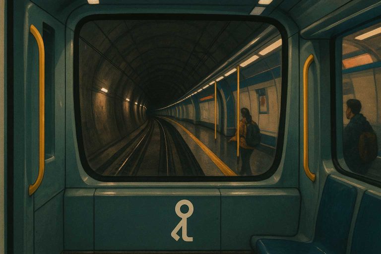 Vista desde el interior de un vagón de metro en movimiento por un túnel, con el isotipo de Adventure Hostel Madrid visible.