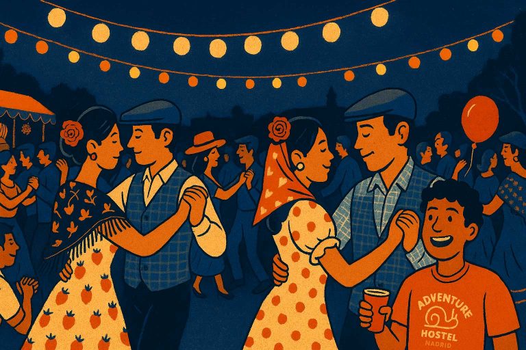 Ilustración de personas bailando en una verbena tradicional madrileña con farolillos y camisetas de Adventure Hostel.