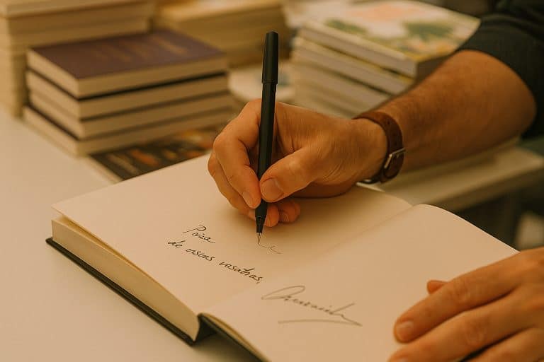 Mano firmando una dedicatoria en un libro abierto, con pila de libros desenfocados de fondo.