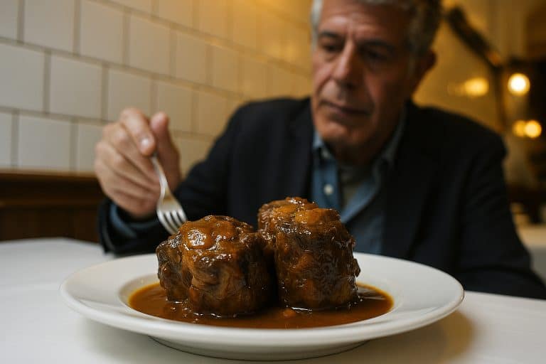 Primer plano de rabo de toro servido en plato blanco en Casa Salvador, Madrid.