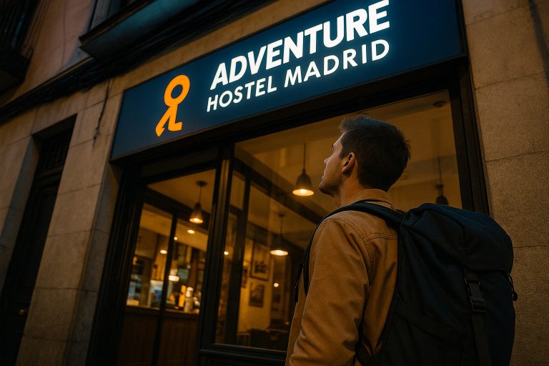 Persona joven con mochila frente a la entrada de Adventure Hostel Madrid, punto de partida simbólico de la ruta Bourdain