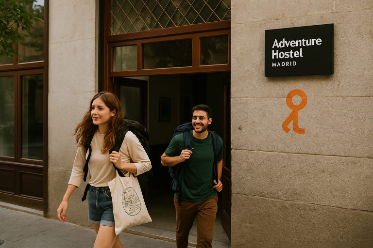 Dos jóvenes mochileros saliendo del Adventure Hostel Madrid para asistir al GP.