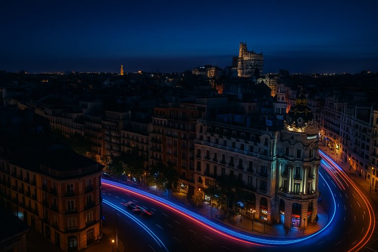 Curva iluminada por trazas de luz en la Gran Vía de Madrid durante la noche del Gran Premio.