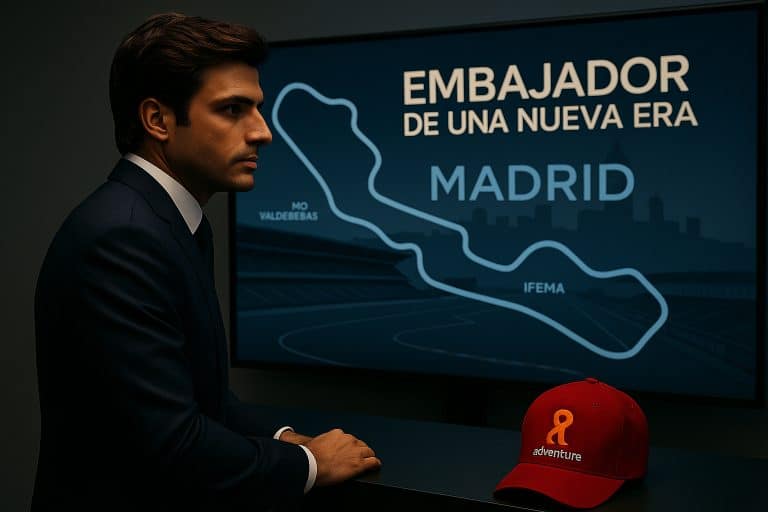 Carlos Sainz junto a un mapa del circuito de Fórmula 1 en Madrid, con una gorra roja de Adventure Hostel sobre la mesa.
