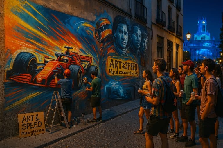 Personas observan un mural colorido sobre Fórmula 1 pintado en una calle de Madrid, de noche.