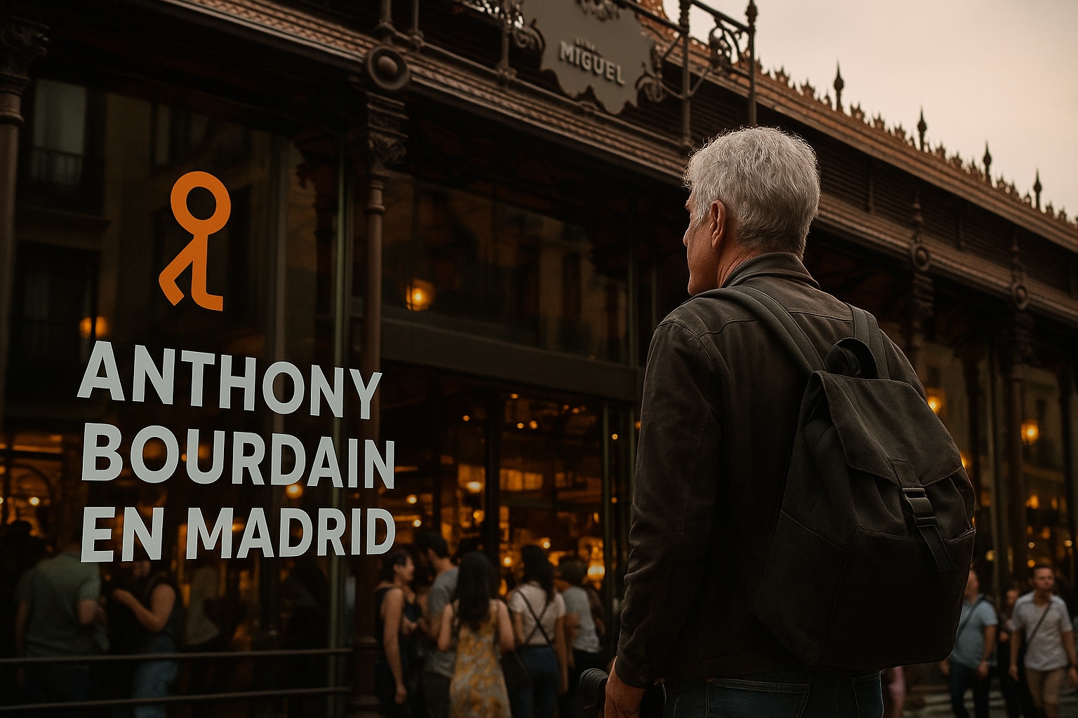 Hombre mayor con mochila de espaldas frente al Mercado de San Miguel en Madrid