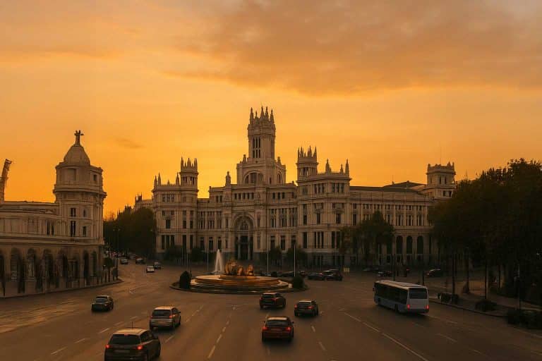 Fachadas históricas de Gran Vía iluminadas por luz suave al amanecer.