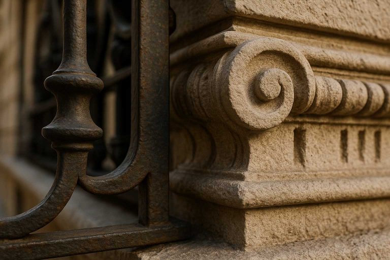 Detalle de barandilla de hierro y moldura de piedra en edificio histórico de Madrid.