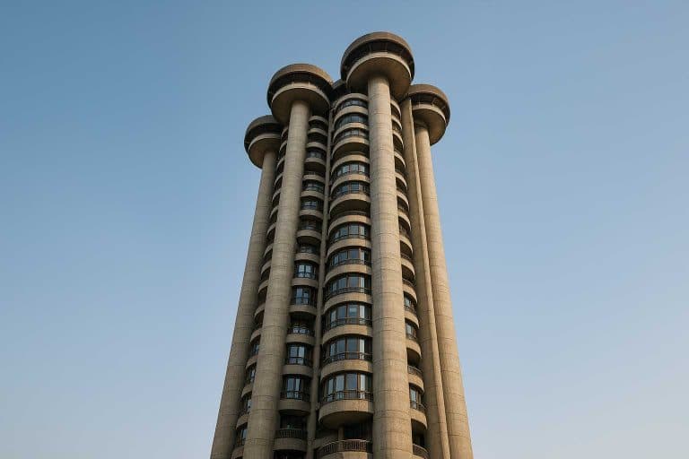 Torres Blancas fotografiadas en contrapicado con cielo limpio.