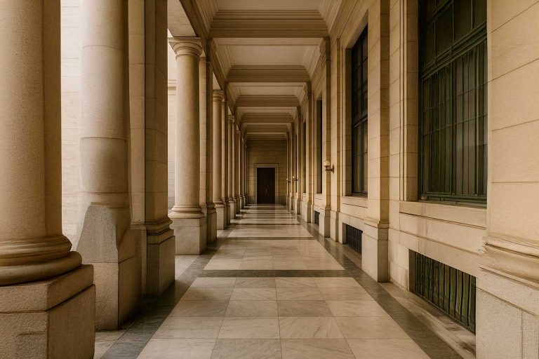 Galería interior con columnas y luz lateral en edificio institucional de Madrid.