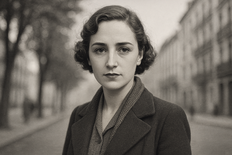 Primer plano de Maruja Mallo en retrato de estudio, mirada 3/4.