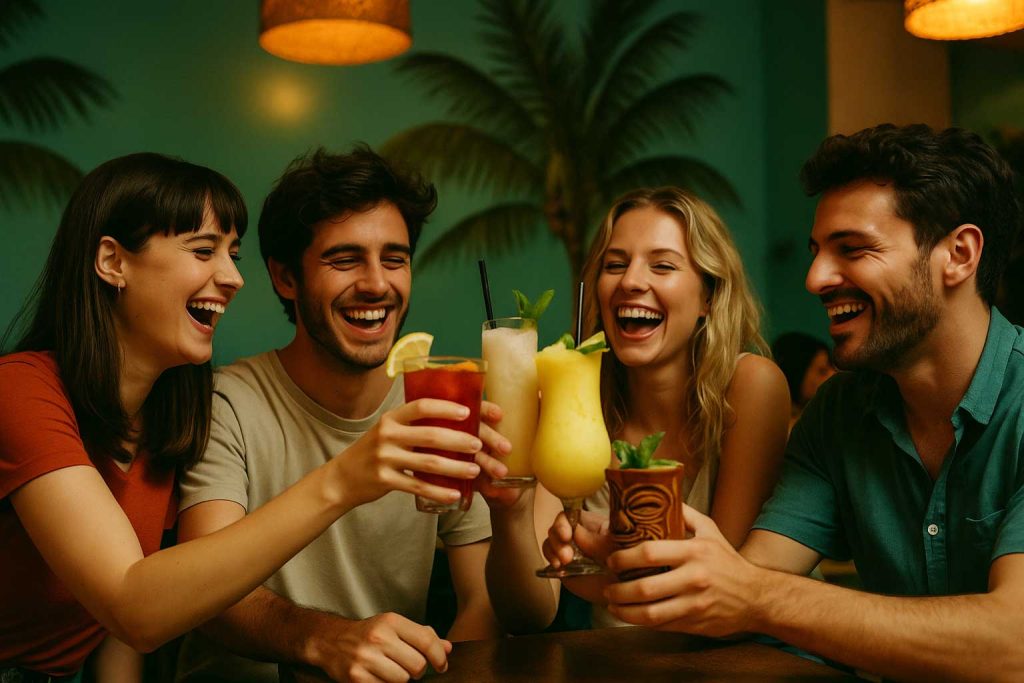grupo joven brindando bajo luces turquesa y decoración tropical.