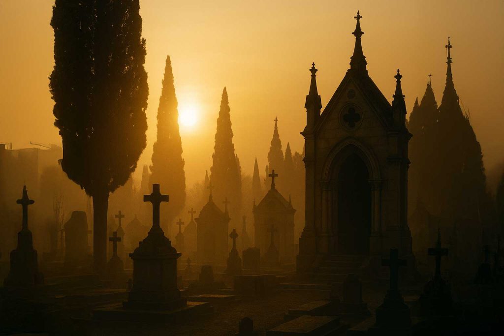 Cementerio de la Almudena al atardecer.