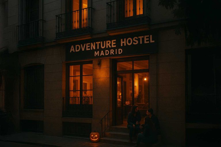 Fachada de Adventure Hostel Madrid decorada en Halloween.