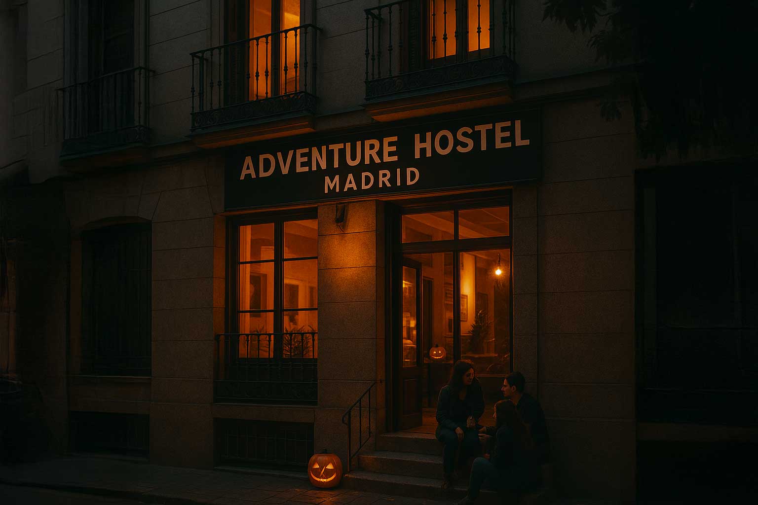 Fachada de Adventure Hostel Madrid decorada en Halloween.