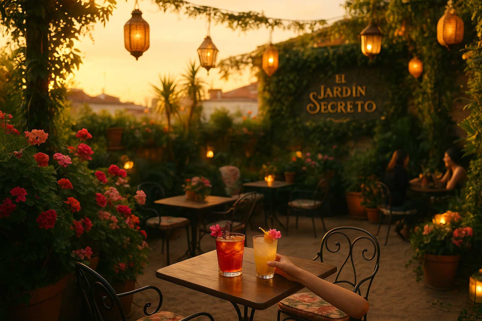terraza con vegetación y faroles al atardecer, cóctel rosado en primer plano.