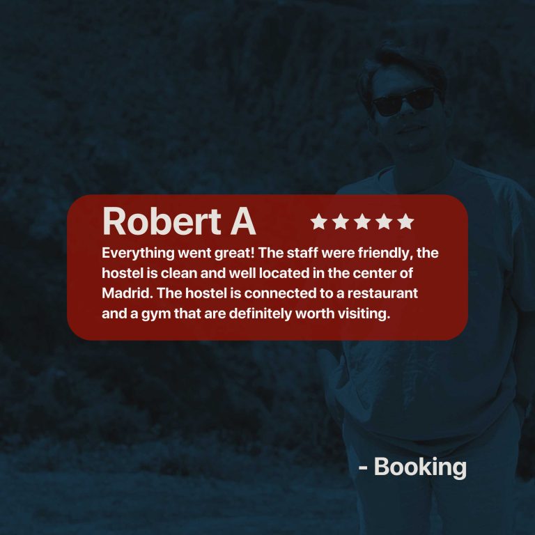 5-star review by Robert A: clean, safe hostel well located in Madrid city center; connected to restaurant and gym.