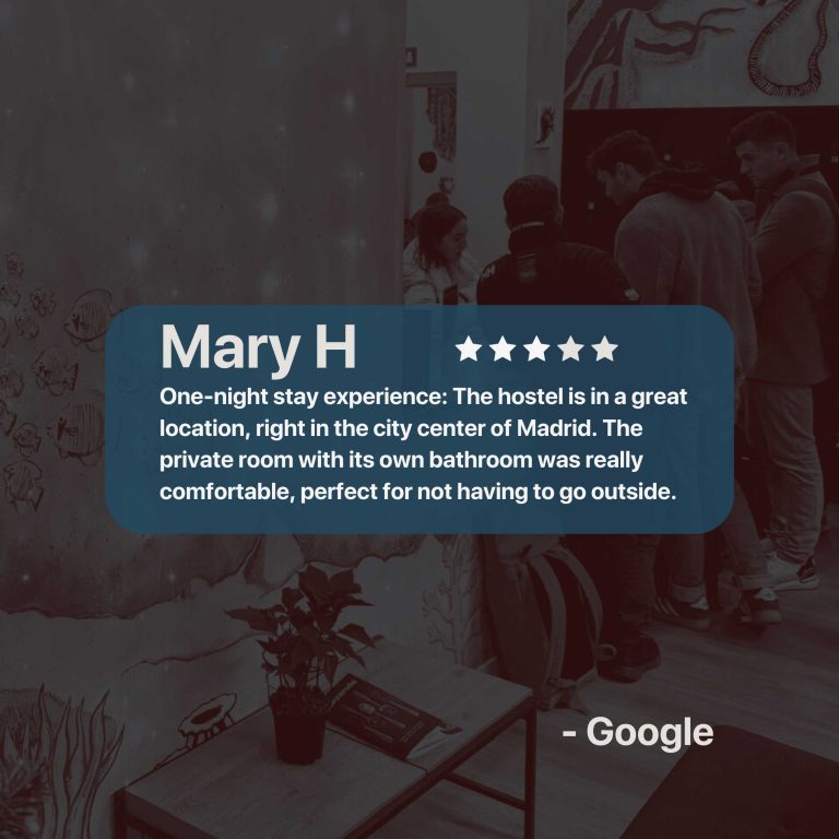 5-star review by Mary H for Adventure Hostel Madrid: private room with bathroom in Madrid city center.